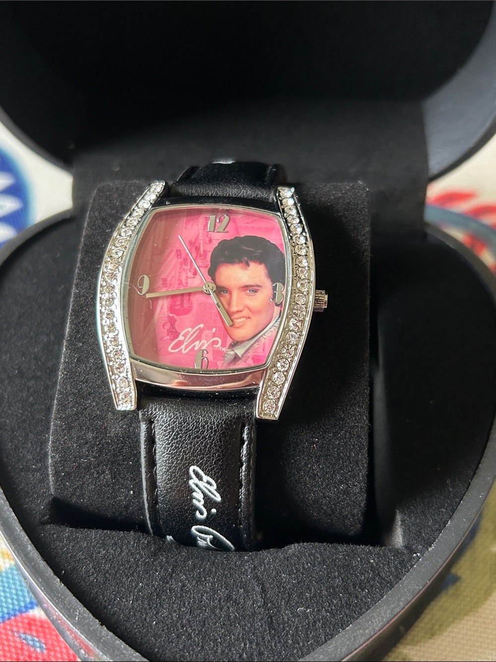 Elvis Presley Black Leather Strap Pink Dial Watch